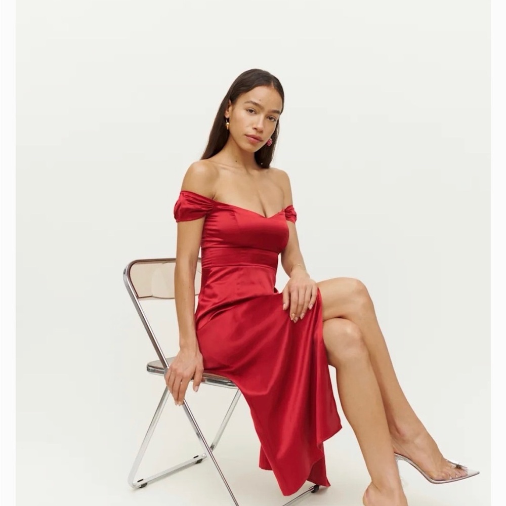 Reformation One-Shoulder Satin Dress in Red